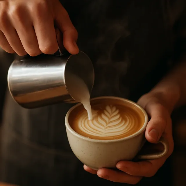 Barista turnând latte art — exemplu generat pentru o cafenea