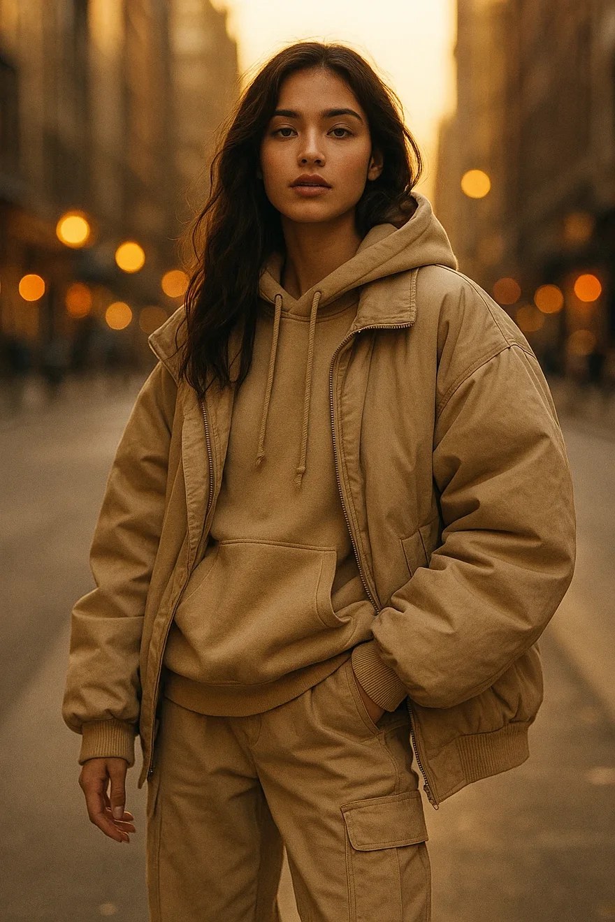 Postare de modă generată cu AI: portret streetwear la apus, exemplu de conținut CZR Social